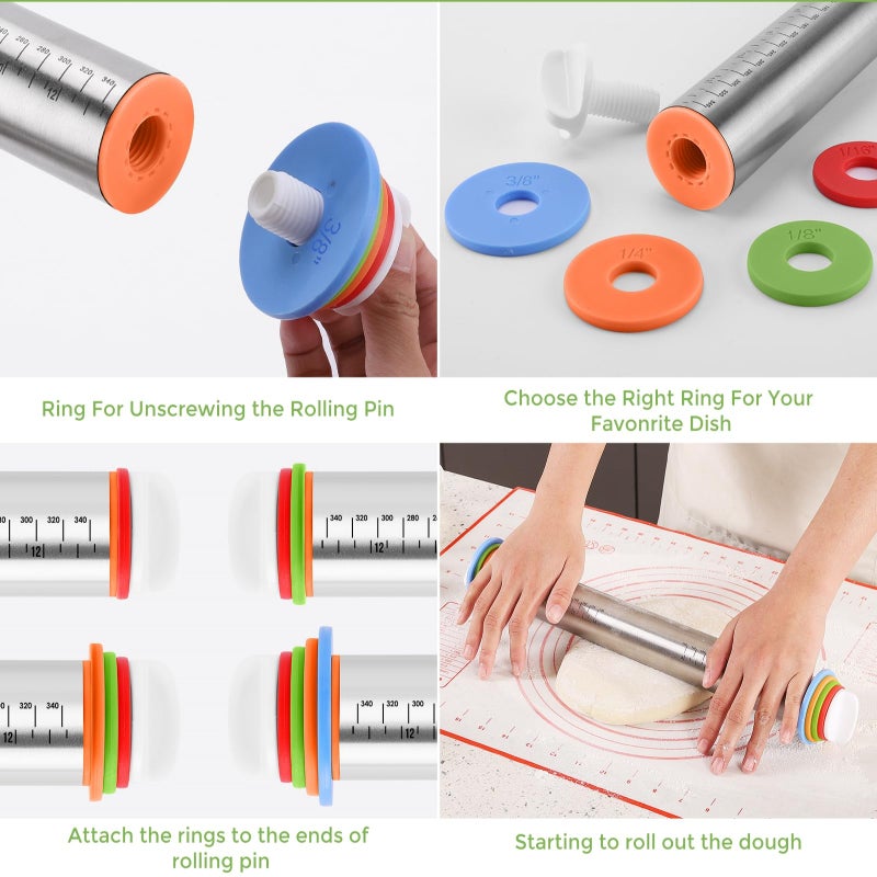 AMUZHI Rolling Pin nonstick and Silicone Baking Pastry Mat combo kit, Adjustable Rolling Pin With Thickness Rings for Baking Fondant, Pizza, Pie, Pastry, Pasta, Dough, Cookies (red) - Image 3
